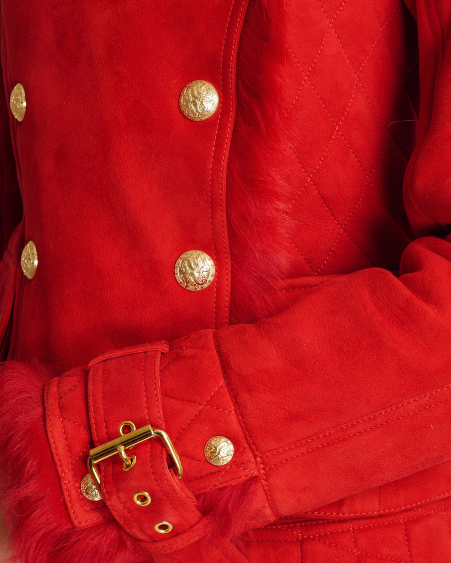 Balmain Red Lambskin Suede Jacket with Quilted Details and Fur Lining with Gold Buttons and Buckle Details Size FR 38 (UK 10) RRP £4,900