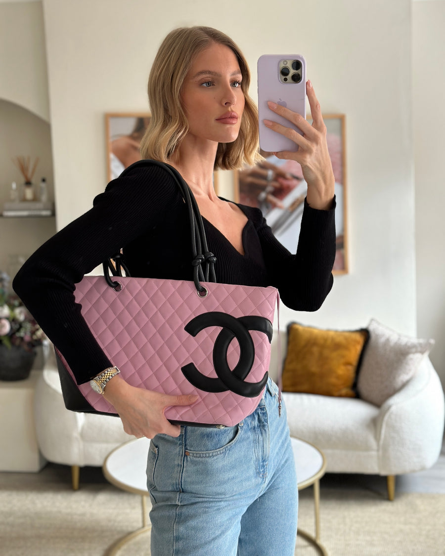 Chanel Cambon CC lambskin Tote. Pink and black