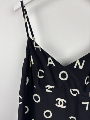 Chanel Vintage Runway 97S Black, White CC Logo Slip Dress and Jacket Set with CC Chanel Button Size FR 42 (UK 14)