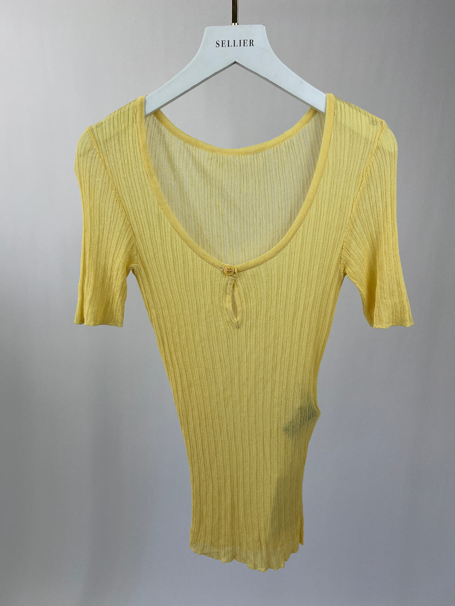 Jacquemus Yellow Ribbed Short Sleeve T-Shirt with Button Detail FR 38 (UK 10)