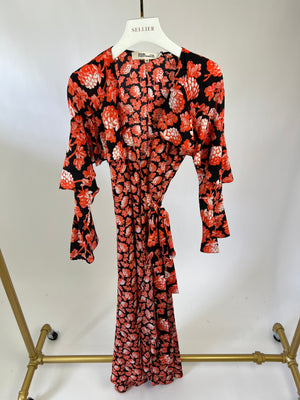 Diane Von Furstenberg Black, Red Floral Print Silk Ruffle Wrap Maxi Dress Size XXS (UK 6)