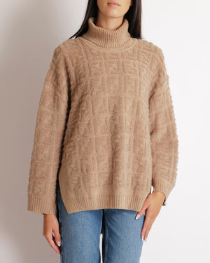Fendi Beige Towelling FF Logo High Neck Mohair Jumper Size IT 42 (UK 10) RRP £,1,400