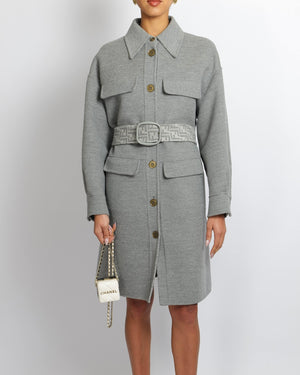 Fendi Grey Wool Belted Coat with FF Logo Lining Gold Logo Buttons Size IT 42 (UK 10) RRP £3,600