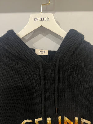 Celine Black Wool Knit Hooded Jumper with Multi-Colour Ombre Sequin Logo Size XS (UK 6) RRP £1,500