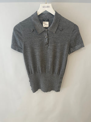 Chanel 08A Grey Two Piece Cashmere Detachable Top and Cardigan Set with Silver Metallic Details Size FR 40 (UK 12)