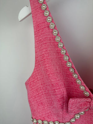 Self-Portrait Pink Tweed Mini Dress With Pearl Embellishment Details Size (UK 8)