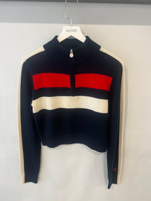 Perfect Moment Navy Wool Quarter-Zip Jumper with Red and White Stripes Size M (UK 10)