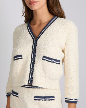 Chanel Spring 2019 Cream Fantasy Tweed Cardigan with Navy Trim Details and 31 Cambon Buttons Size FR 38 (UK 10)