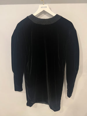 Chanel Black Velours Mini Dress with Black Tweed and Sequins Neckline Detail with Gold CC Logo Buttons Size FR 34 (UK 6)