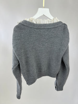Philosophy Di Lorenzo Serafini Grey Lace Trimmed Jumper with Black Buttons Detail Jumper Size IT 38 (UK 6)