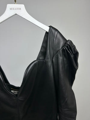 *FIRE PRICE* Saint Laurent Black Leather Sweetheart Plunge Neckline Longsleeved Mini Dress Size FR 38 (UK 10)