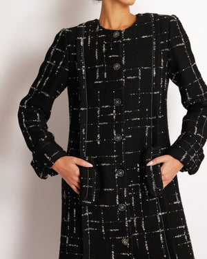 Chanel Black and Silver Metallic Wool Tweed Long Coat with Silver and Clear CC Logo Buttons Size FR 38 (UK 10)
