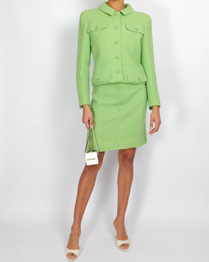 Chanel Vintage 98P Green Wool Jacket and Skirt Set with Green and Gold CC Logo Buttons Size FR 42 (UK 14)