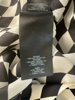 Balmain Black and White Lavalliere Diamond Print Silk Shirt with Puff Sleeves and Pussy Bow Detail Size FR 34 (UK 6) RRP £1490
