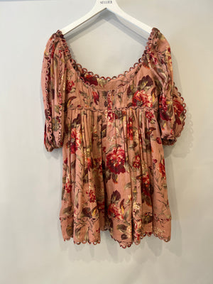 Zimmermann Pink Floral Mini Dress with Puff Sleeves and Scalloped Trim Detail Size 4 (UK 16)