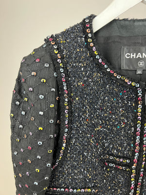 Chanel  Fall 2017 Black Tweed Jacket with Multicoloured Sequin Details Size FR 42 (UK 14)