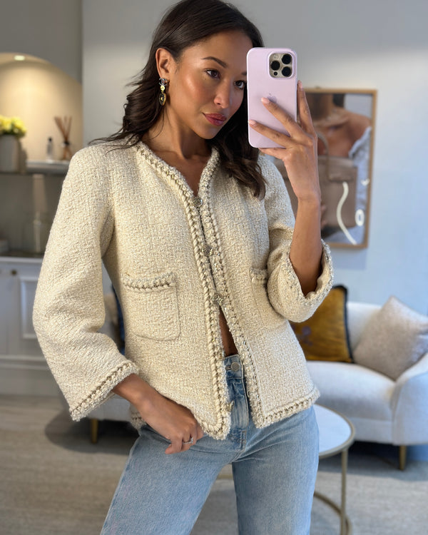 Chanel 11/A Ivory Button Down Tweed Jacket with Gold Chain Detail FR 40 (UK 12)