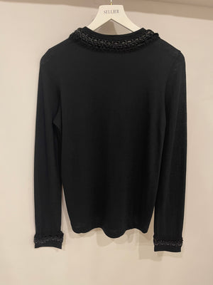 Chanel Black Wool Long-Sleeve Top with Tweed and CC Logo Details Size FR 38 (UK 10)
