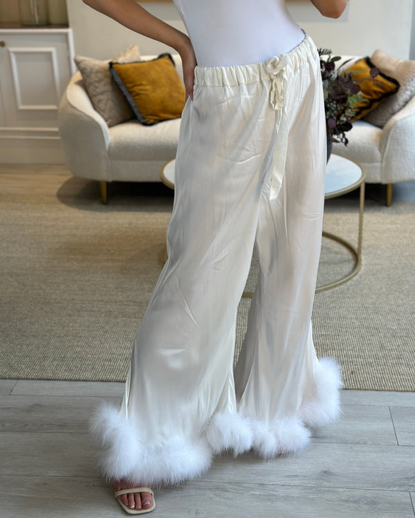 Daily Sleeper White Satin Trousers with Feather Cuffs Size 2 (UK 6)