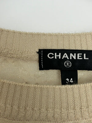 Chanel Cream Angora & Silk Long Sleeve Maxi Dress with Silver Metallic Detail & Drawstring Waist Size FR 34 (UK 6)