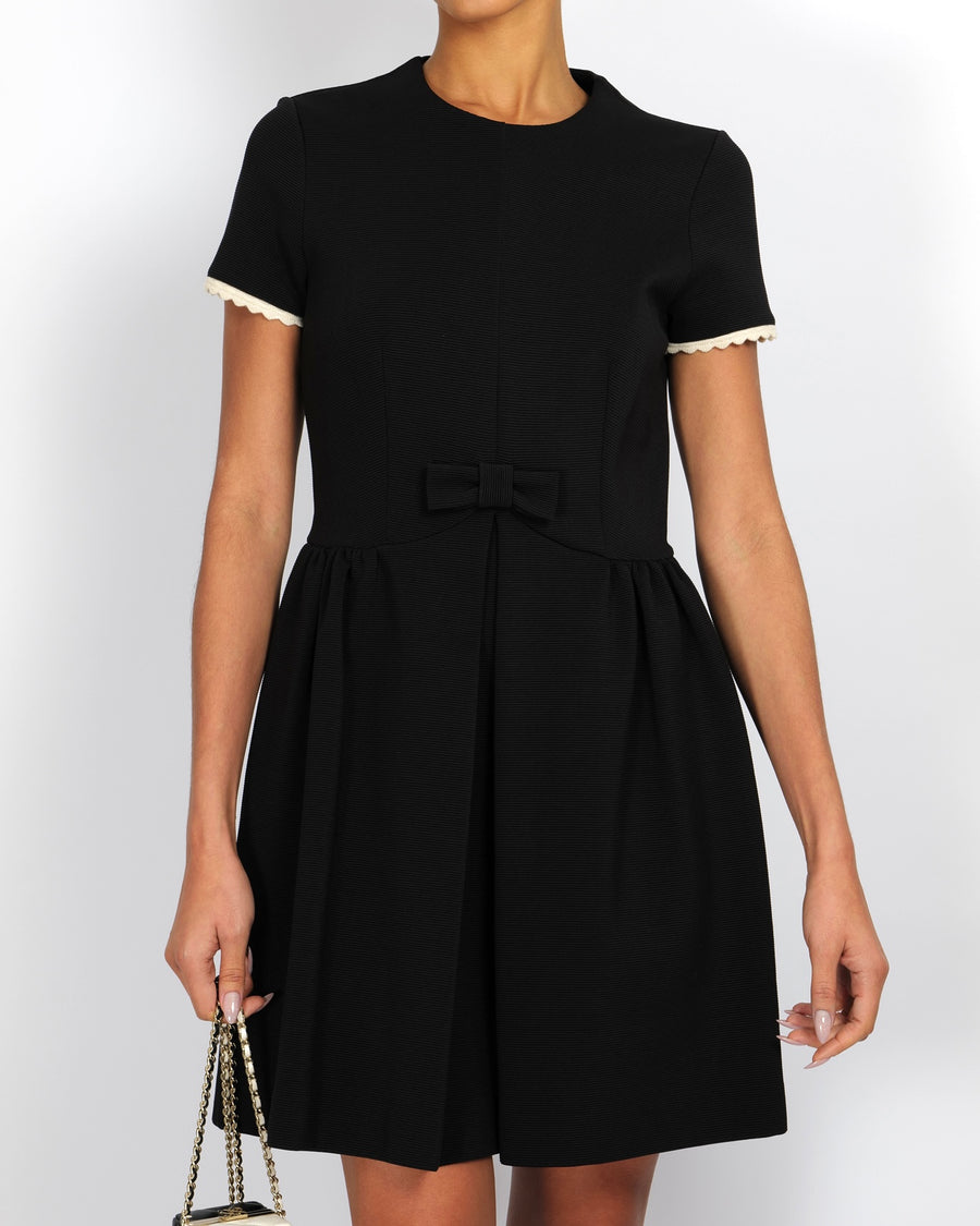 Miu Miu Black Short-Sleeved Mini Dress with White Trim and Bow Detail Size FR 38 (UK 10)