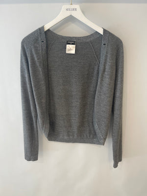 Chanel 08A Grey Two Piece Cashmere Detachable Top and Cardigan Set with Silver Metallic Details Size FR 40 (UK 12)