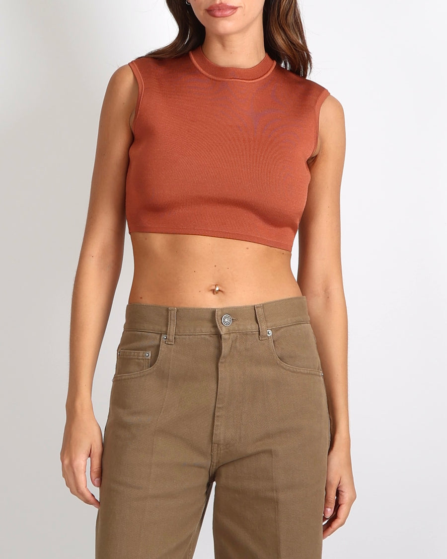 Hermès Brun Noisette Silk Cropped Sleeveless Top Size FR 36 (UK 8) RRP £1,000