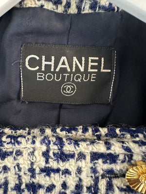Chanel White and Navy Tweed Double Breasted Jacket with Gold Flower Button Detail FR 36 - 38 (UK 8 - 10)