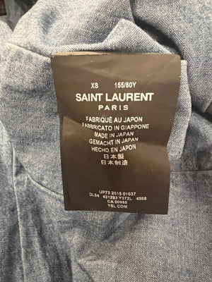Saint Laurent Blue Denim Patchwork Sleeveless Jacket with Frayed Hem Detail Size XS (UK 6)