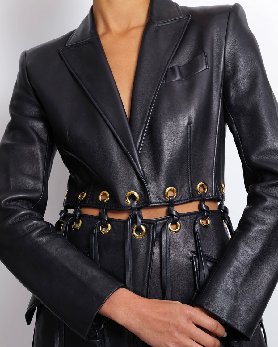 Alexander McQueen Navy Leather Fringed Trench Coat with Gold Eyelets Details Size IT 38 (UK 6)