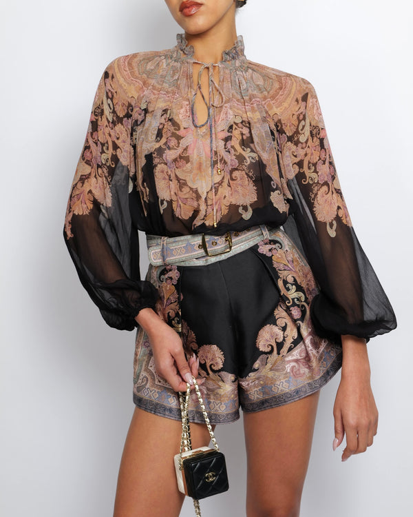 Zimmermann Black and Pink Floral Blouse and Silk Shorts Set with Gold Buckle Detail Size 0P/0 (UK 6/8)