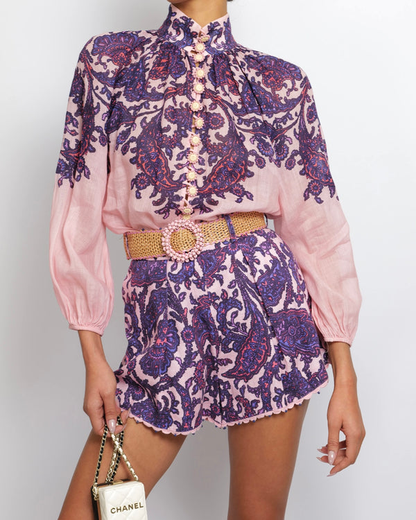Zimmermann Pink and Purple Ramie Blouse and Linen Shorts Set with Straw Belt and Pink Beaded Buckle Detail Size 0 (UK 8)