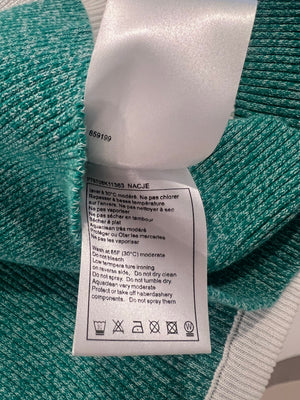 Chanel Cruise 2025 Silver Metallic and Green Ribbed Short-Sleeve Top with Crystal CC Logo Detail Size FR 40 (UK 12)