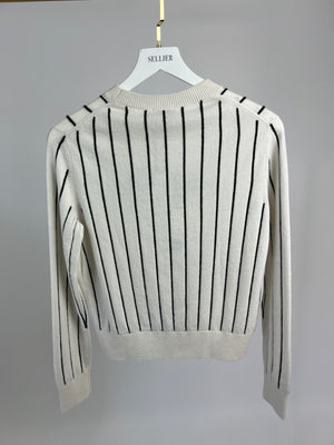 Chanel Cream and Navy Stipe Long Sleeve Cashmere Jumper with Logo Size FR 38 (UK 10)