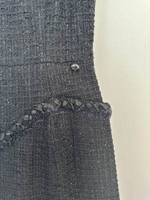 Chanel 15/P Black Sleeveless Glitter Tweed A-Line Midi Dress with Woven Tweed Trim Detail FR 36 (UK 8)