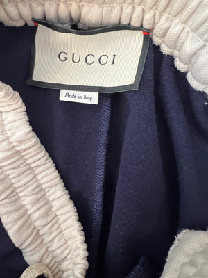 Gucci Navy, Red and Cream Track Pants with Striped Ankle Cuff Detail and Gold Metallic String Size XS (UK 6)