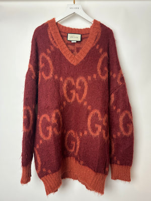 Gucci Burgundy Mohair V-Neck Jumper with GG Details Size S (UK 8)