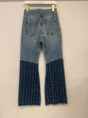 Chanel Métiers d'Art 2023 Denim Patchwork Jeans with Pink, Silver and Black Micro Sequin Details and Silver CC Logo Button Size FR 34 UK 6