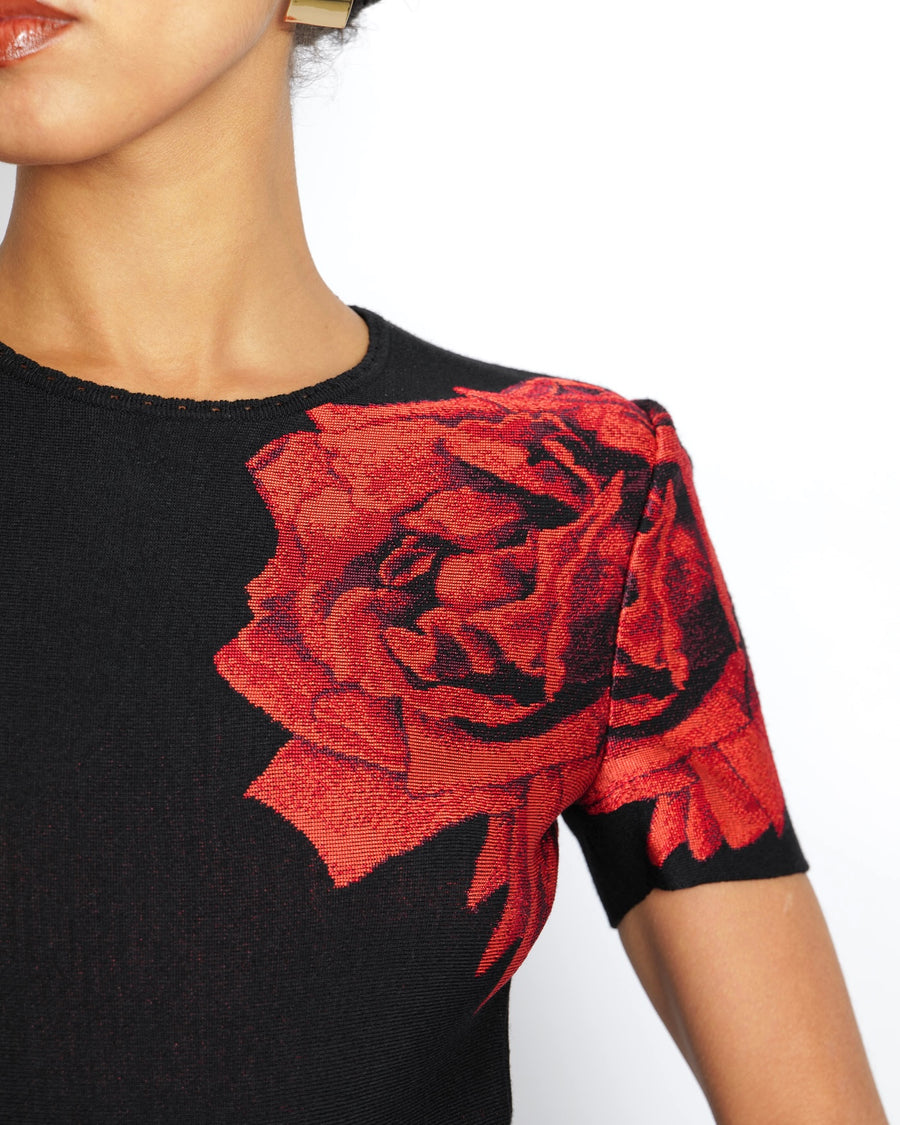 Alexander McQueen Black Short-Sleeve Dress with Red Floral Prints Size IT 40 (UK 8)