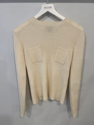 Chanel Cream Knit Wool Jumper with Gold Bag Charm Sleeve Details Size FR 38 (UK 10)