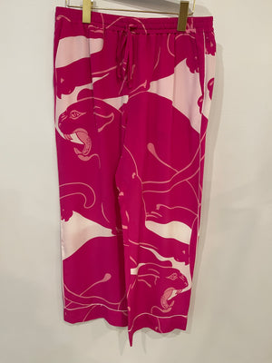 Valentino Hot Pink and White Silk Printed Blouse and Matching Trousers Set with Feathers Size IT 40/42 (UK 8/10)