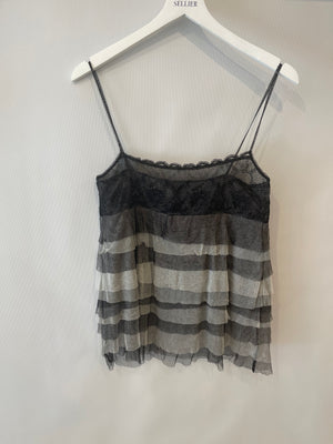 Chanel 05A Black Lace and Silk Grey Caraco Lingerie Ruffle Top with Black CC Logo Detail Size FR 38 (UK 10)