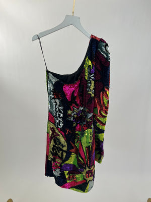 Amen Black, Pink and Green Sequin Pattern One Shoulder Mini Dress Size IT 42 (UK 10)