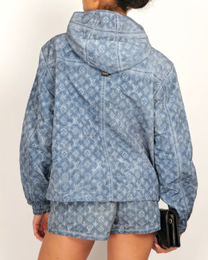 Louis Vuitton Blue Monogram Hooded Windbreaker Jacket with Canvas Brown Monogram Details Size FR 38 (UK 10)