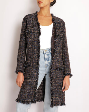 Chanel Black, Navy and Brown Tweed Long Jacket with Fringed Trims and Silver Chain Button Details Size FR 36 (UK 8)