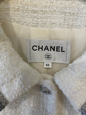 *HOT* Chanel 20S White Tweed Short-Sleeve Mini Dress with Silver Buttons and Embellishments Details FR 42 (UK 14) RRP £5,250