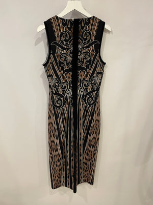 Roberto Cavalli Brown Leopard and Black Printed Midi Dress Size IT 38 (UK 6)