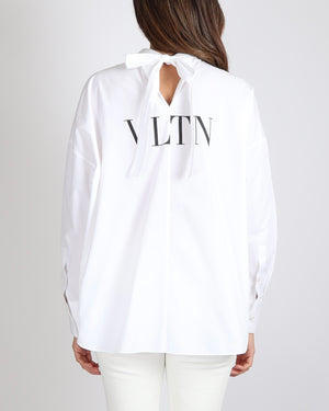 Valentino White Button Down Shirt with Black Back Logo Print and Ribbon Detail Size IT 42 (UK 10)