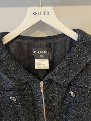 Chanel Black Shimmery Mini Dress with Silver Zip and Globe CC Buttons Detail Size FR 36 (UK 8)