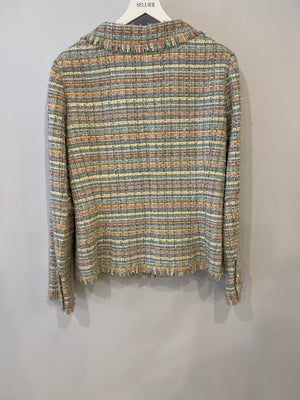 Chanel Vintage Pastel Blue and Multicolour Tweed Jacket with Gold Transparent CC Logo Buttons Size FR 40 (UK 12)